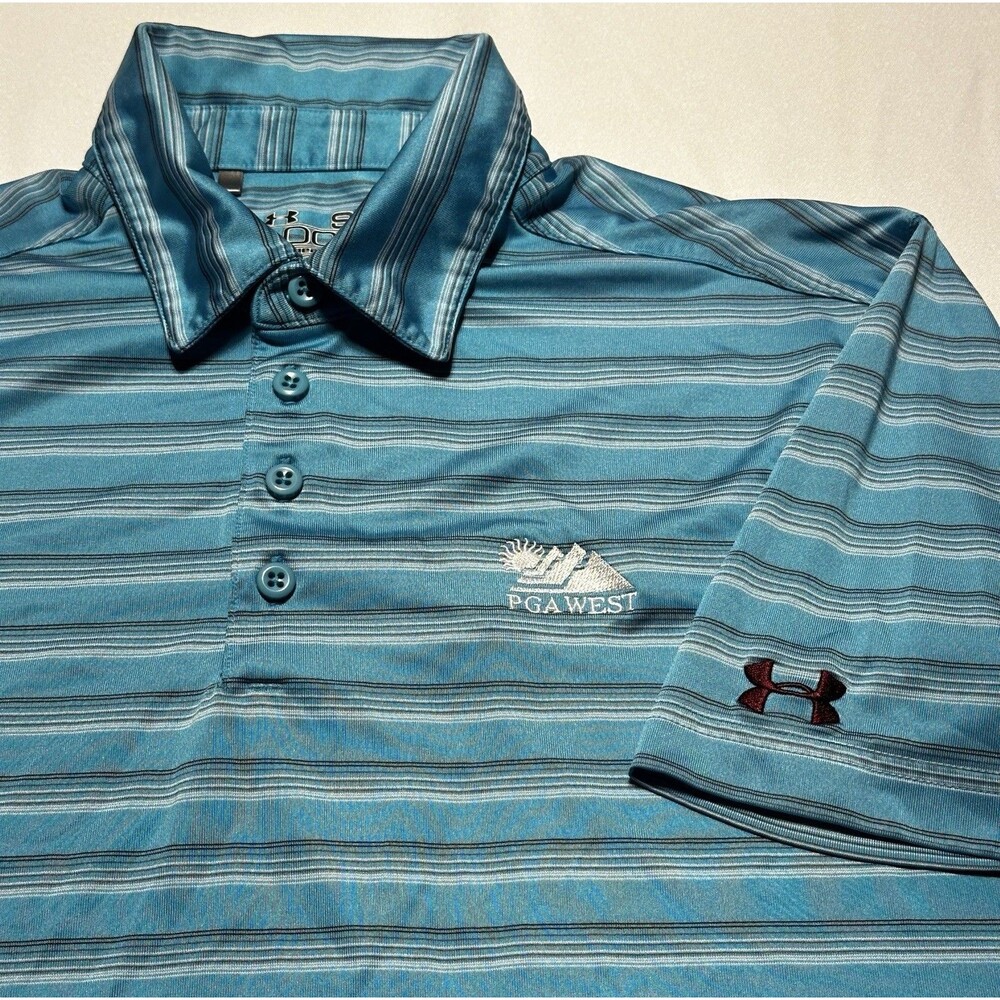 PGA West Under Armour Polo Shirt Striped Mens Small Loose Heatgear Performance